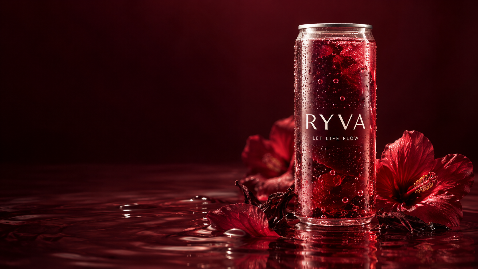 RYVA sparkling hibiscus drink surrounded by hibiscus flowers